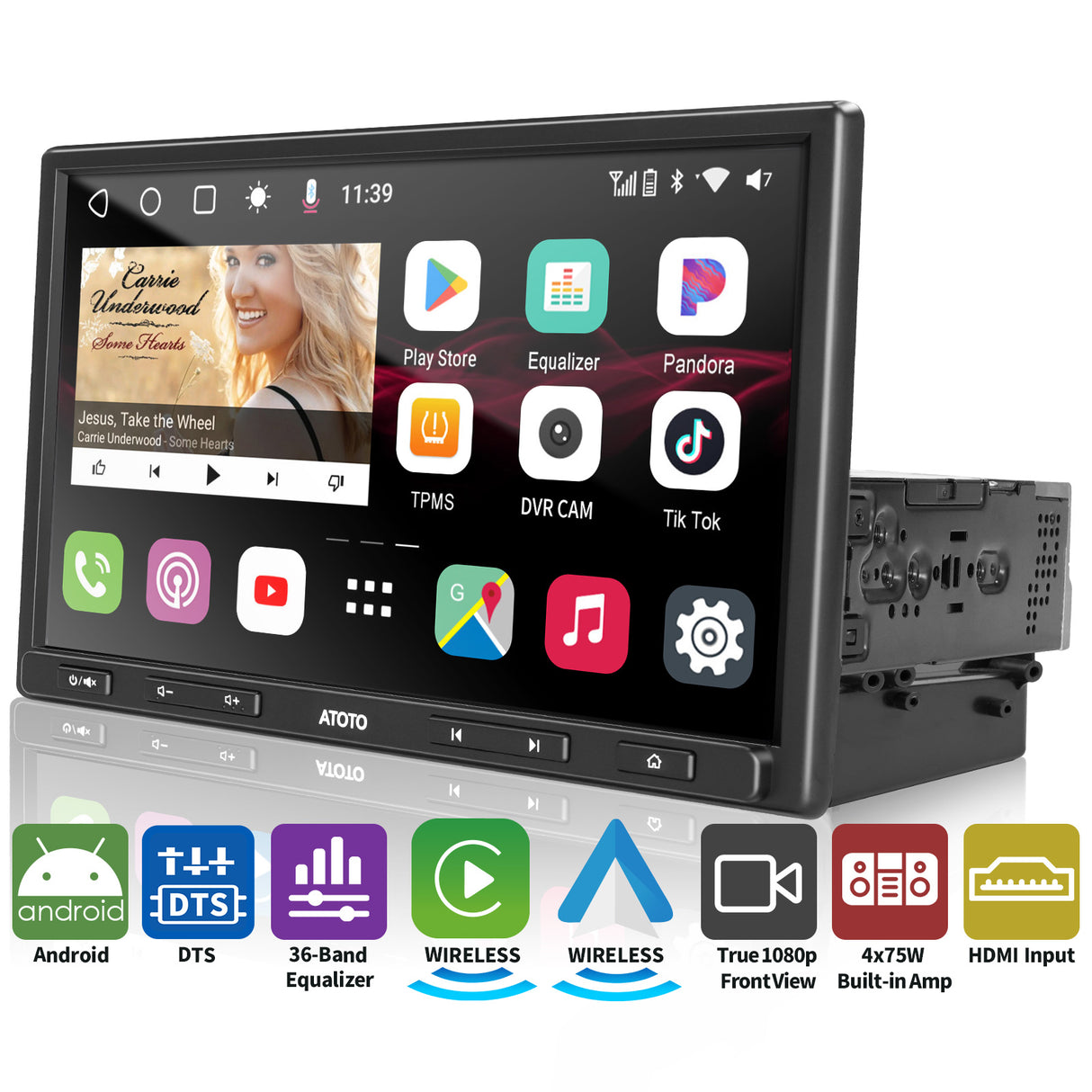 ATOTO S8G1109AIO 10 Inch QLED 1 Din Android Car Stereo, Wireless CarPlay and Android Auto, GPS Tracking, 4GB+32GB, HDMI Input, Split Screen, 4G LTE, 2 Bluetooth, 36-Band EQ