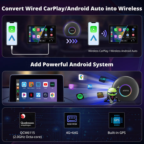 ATOTOZONE CB6 ワイヤレスCarPlayとAndroid Autoチップ、インテリジェントAI音声ドングル、GPSつきワイヤレスCarPlay AIボックス、デュアルBluetooth内蔵、4GB+64GB、多くのアプリ対応、プラグアンドプレイ、ブラック