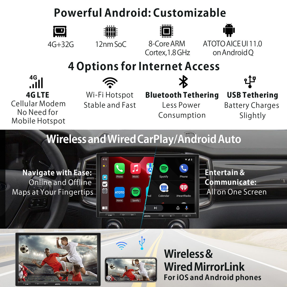 ATOTO S8G1109AIO 10 Inch QLED 1 Din Android Car Stereo, Wireless CarPlay and Android Auto, GPS Tracking, 4GB+32GB, HDMI Input, Split Screen, 4G LTE, 2 Bluetooth, 36-Band EQ