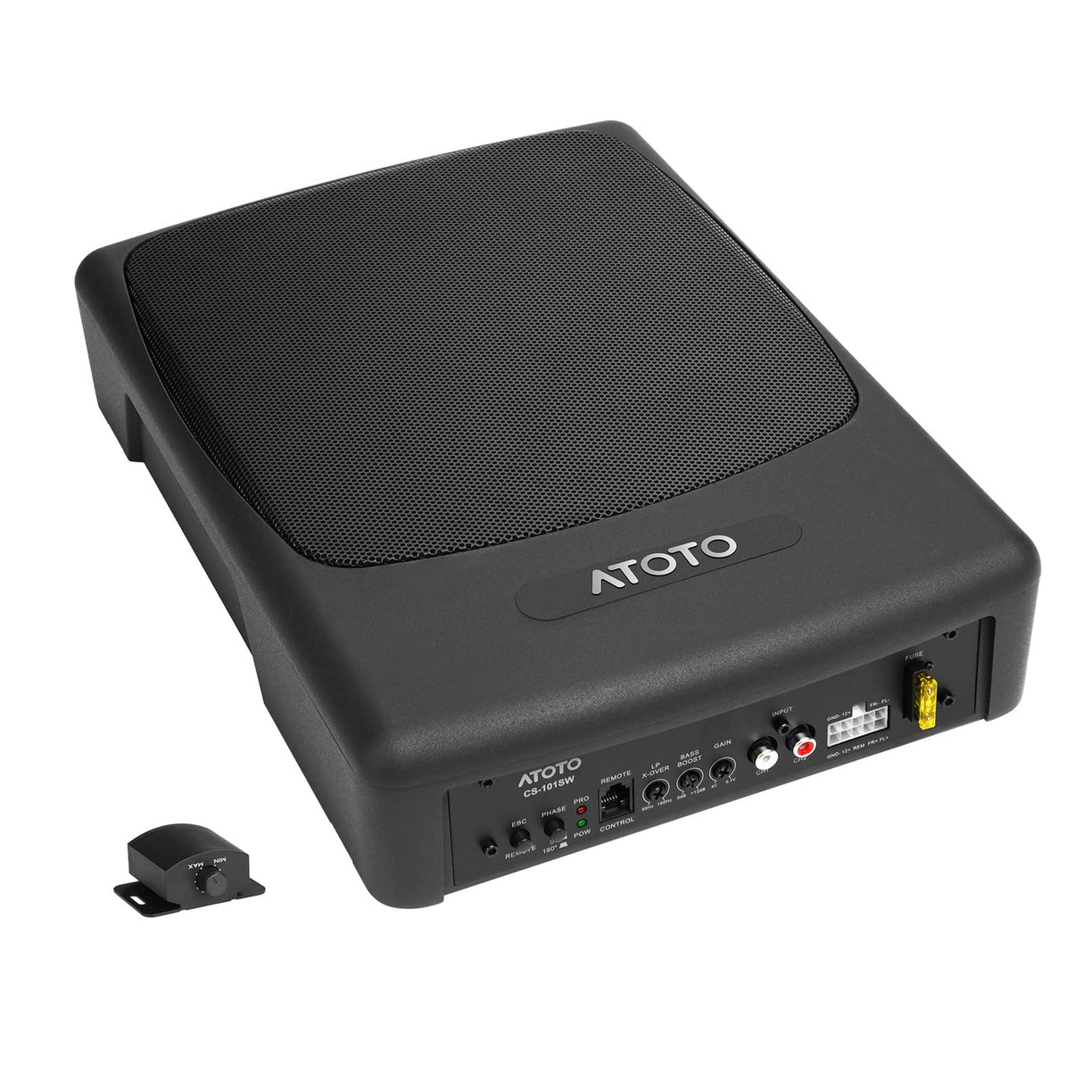 ATOTO CS-101SW 10 Zoll Aktiv Auto Subwoofer, Kompakter Untersitz Aktiver Subwoofer Auto mit eingebautem Verstärker, 400 Watt Max, Low- und High Level-Eingänge, Fernbedienung Subwoofer-Steuerung