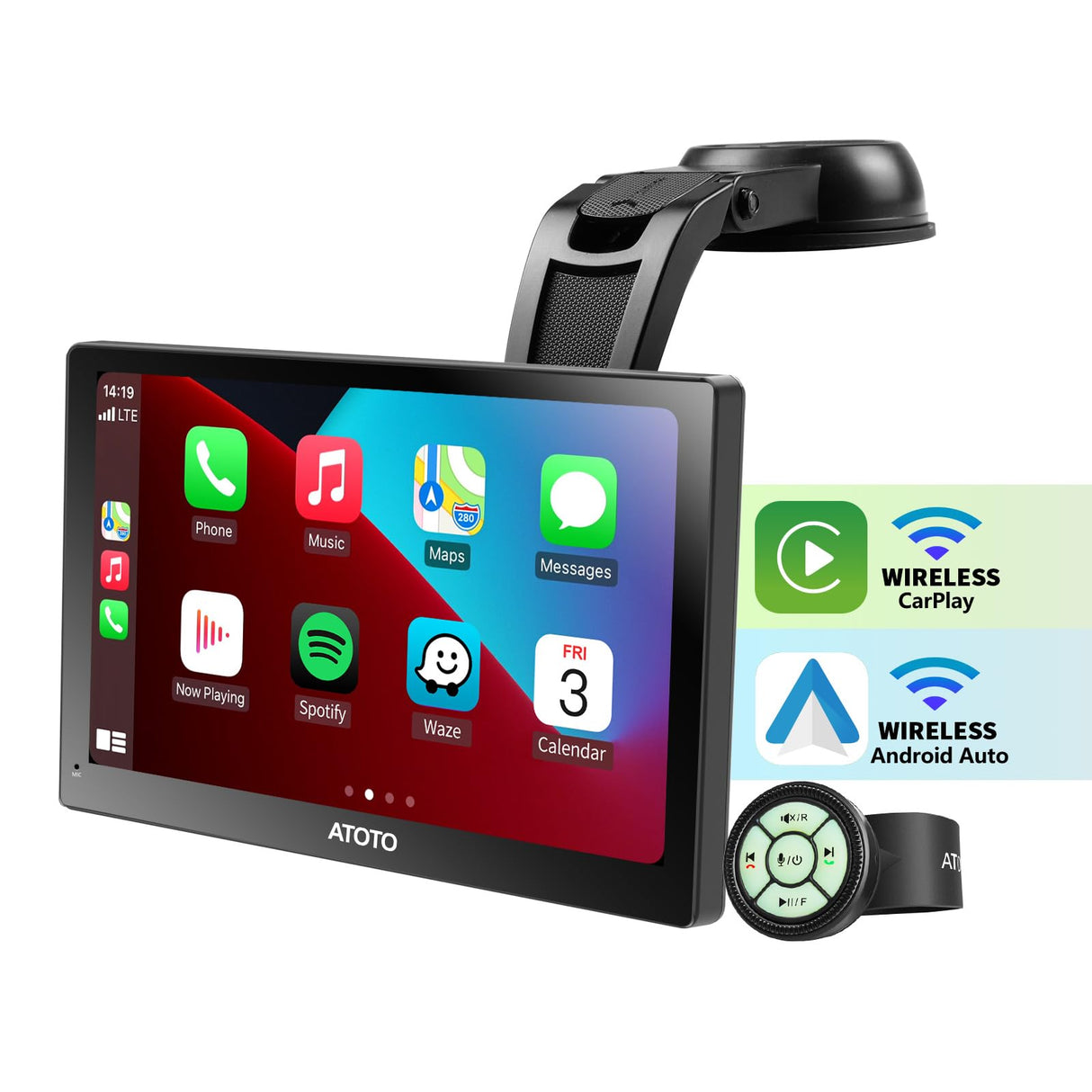 ATOTO P807SD-RM PortatileAutoradio, CarPlay wireless e Android Auto Wireless, Touchscreen QLED da 7 pollici, WDR e dimmer automatico, telecomando, Bluetooth, uscita AUX/FM, Navigazione GPS