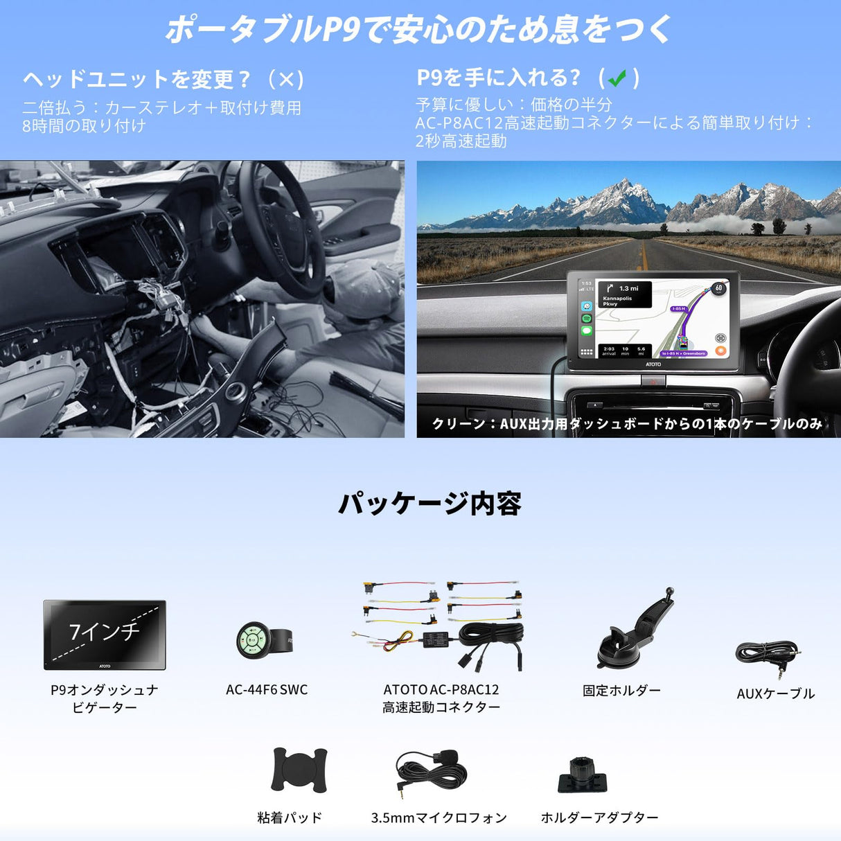 P907SD 7インチ ポータブルナビ Android ディスプレイオーディオ