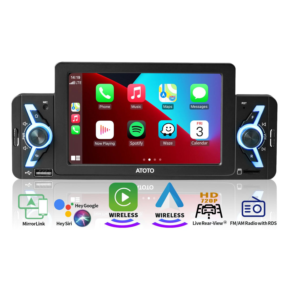 ATOTO 7-Zoll-Voll-Touchscreen-2-Din-Autoradio, kabelloses CarPlay und kabelloses Android Auto, Mirror Link, Bluetooth, HD Live-Hintergrundspiegel, F7C04-1EU