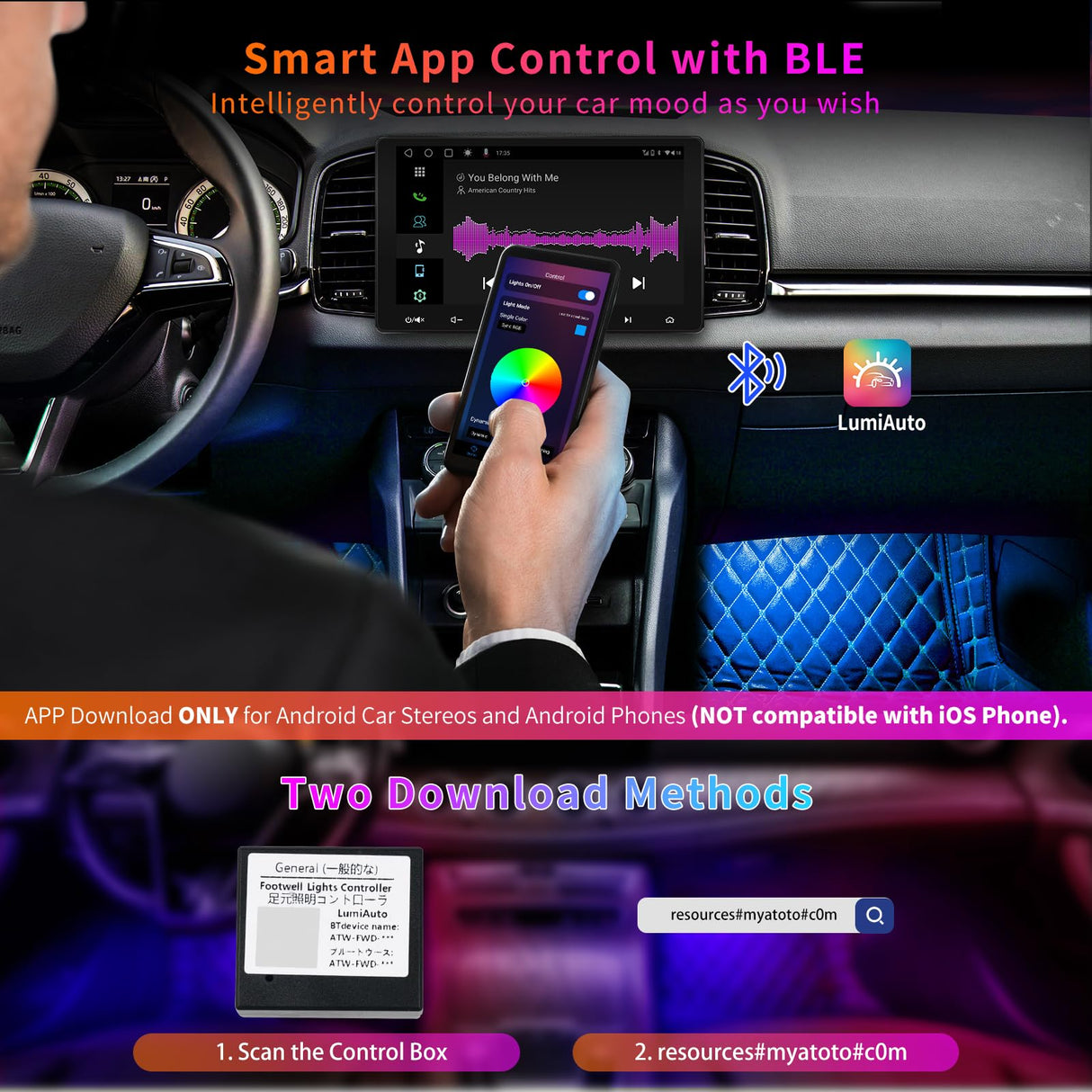 ATOTO Éclairage Intérieur de Voiture Contrôle APP, 160 LEDs RGB Decoration Voiture avec 16 Millions de Couleurs Changeantes et Modes Musicaux DIY, Contrôle Indépendant Avant et Arrière, CI-FLT01