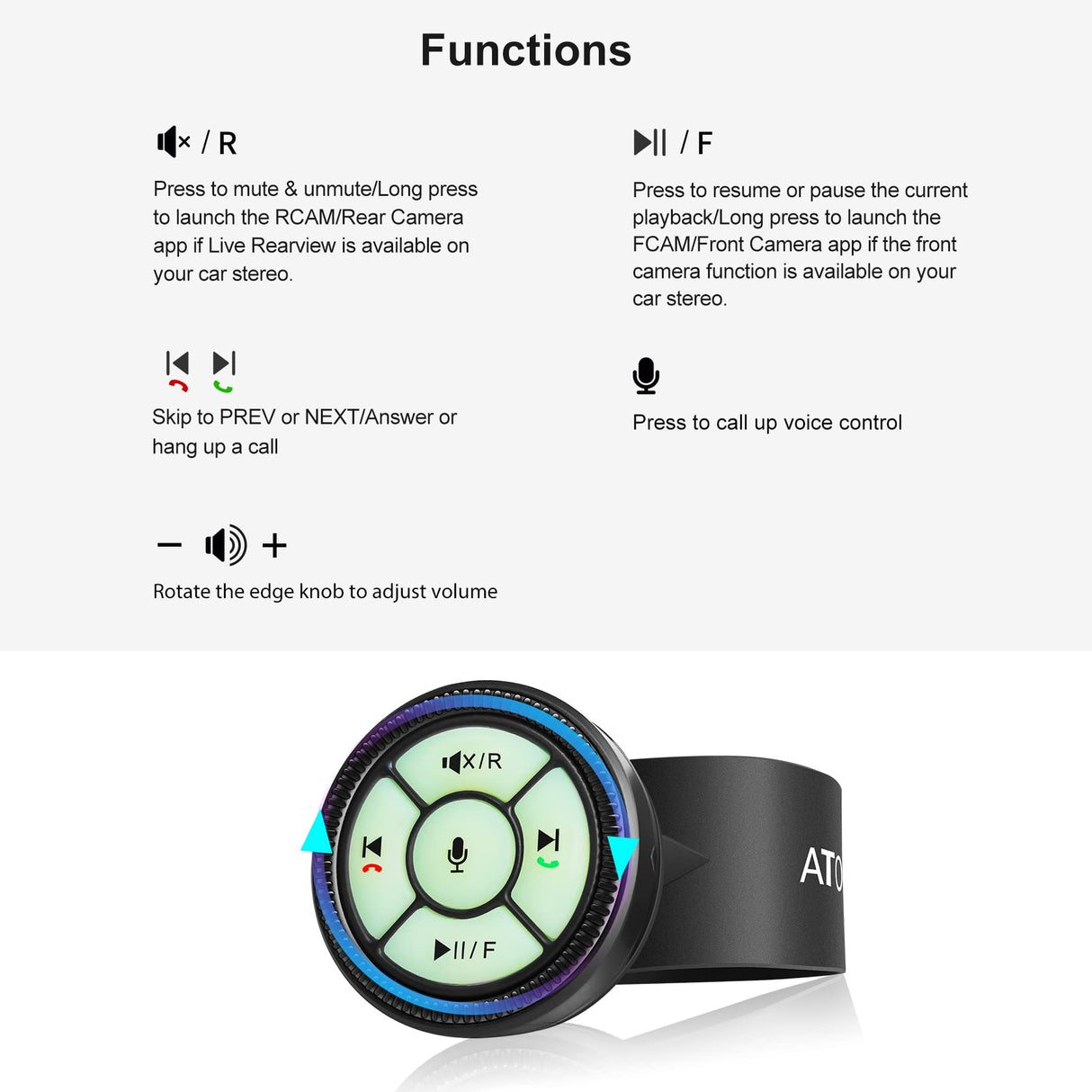 ATOTO AC-44F5 Watchband Style Wireless Remote Control with Luminous Buttons, Plug & Play - Only for ATOTO Car Stereos (SA102, A6Y, A6 KL, F7 & S8), Not Compatible with ATOTO A6 PF/ S8 Lite/S8 MS