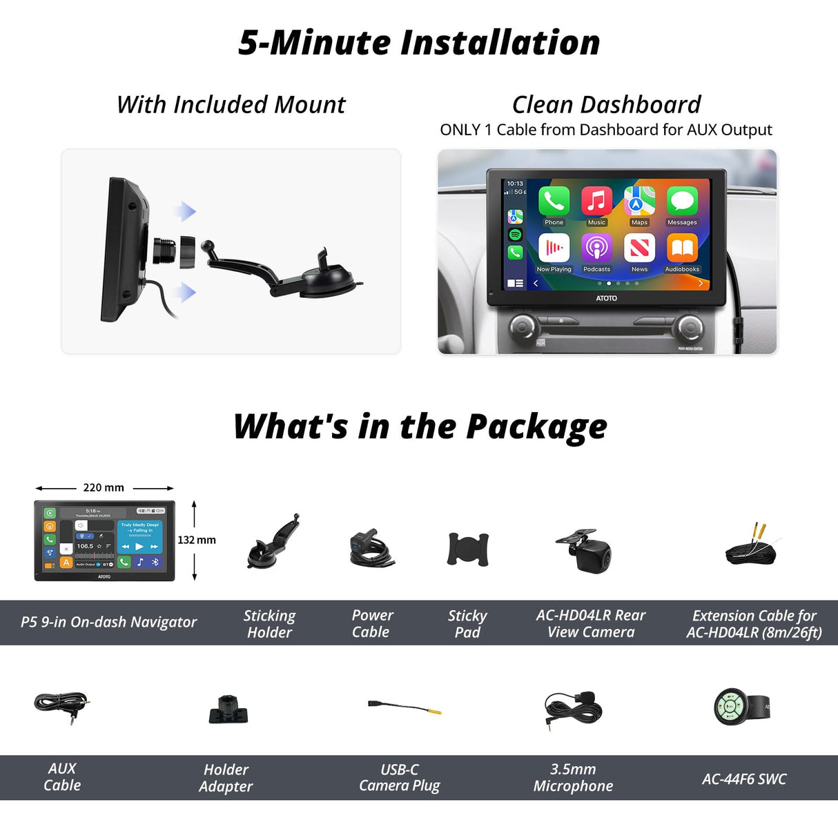 ATOTO P5 Carplay Inalámbrico Portátil Radio Coche,Pantalla táctil QLED de 9" antirreflejos, Android Auto inalámbrico, Bluetooth, MirrorLink, Atenuador automático, Salida AUX/FM, GPS, P509SD