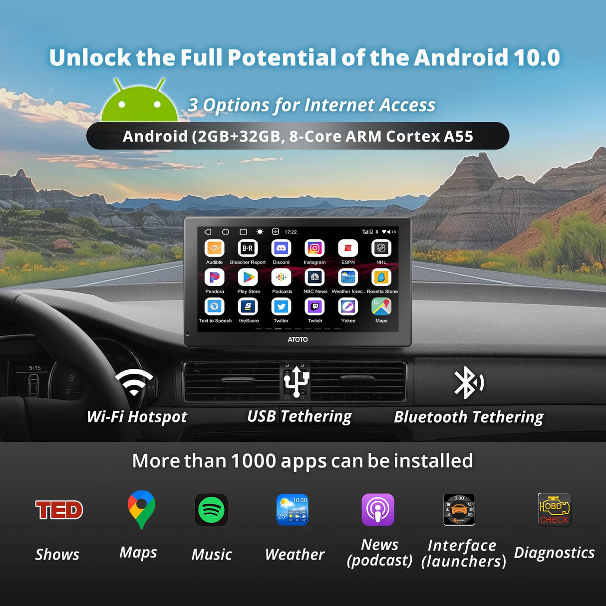 ATOTO P9 Estéreo De Coche Portátil QLED De 9 Pulgadas, 2+32GB CarPlay inalámbrico Y Android Auto, Wi-Fi Hotspot, USB, Bluetooth Dual, Seguimiento GPS, Entrada HDMI, 4 Salidas De Audio, P909SD