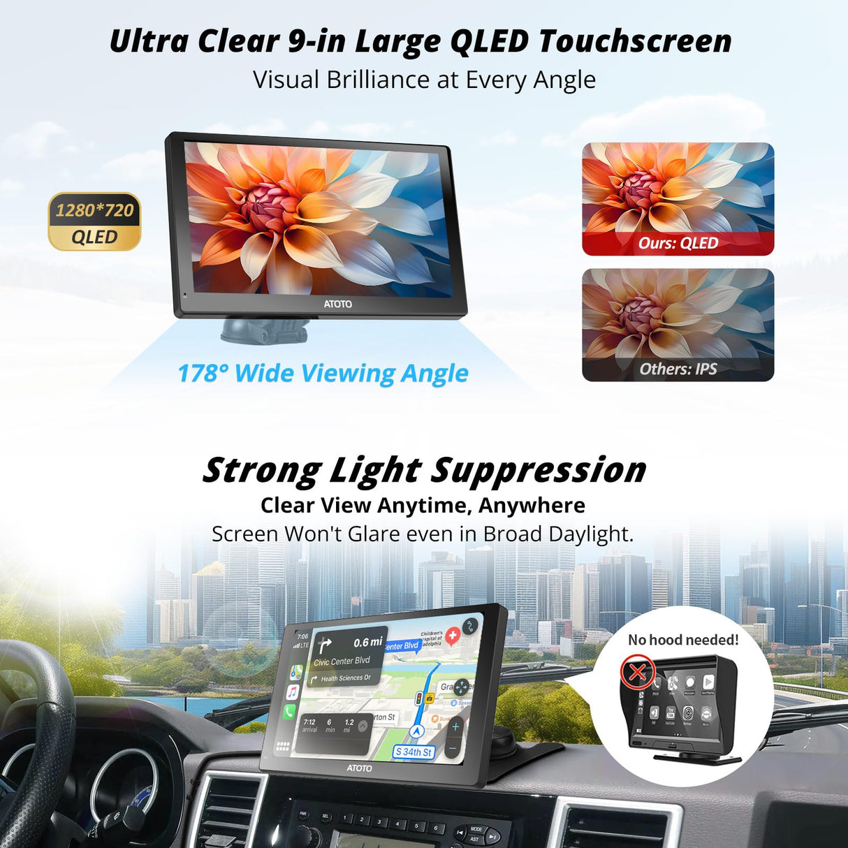 ATOTO P5 9inch QLED Wireless CarPlay Android Auto Screen with 1080P Backup Camera, Portable Car Stereo Glare-Suppressing, Bluetooth, MirrorLink, GPS Navi,AUX/FM Output, Remote Control, P509SD-S21