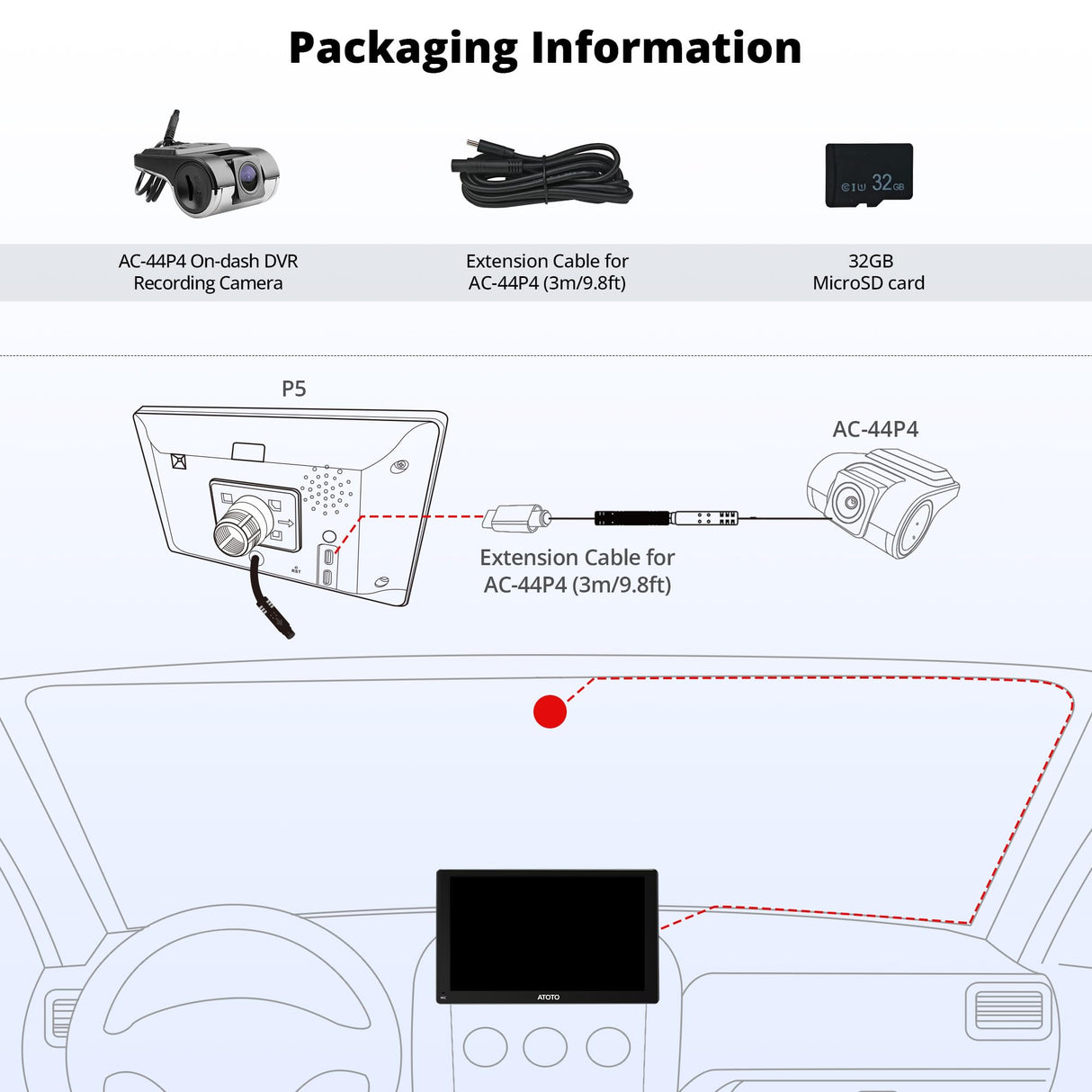 ATOTO AC-44P4 HD 720P Cámara DVR Frontal, Ángulo de Visión Amplio de 140°, Soporta hasta 128GB de Almacenamiento, Compatible Solo con Series ATOTO P5 Seleccionadas