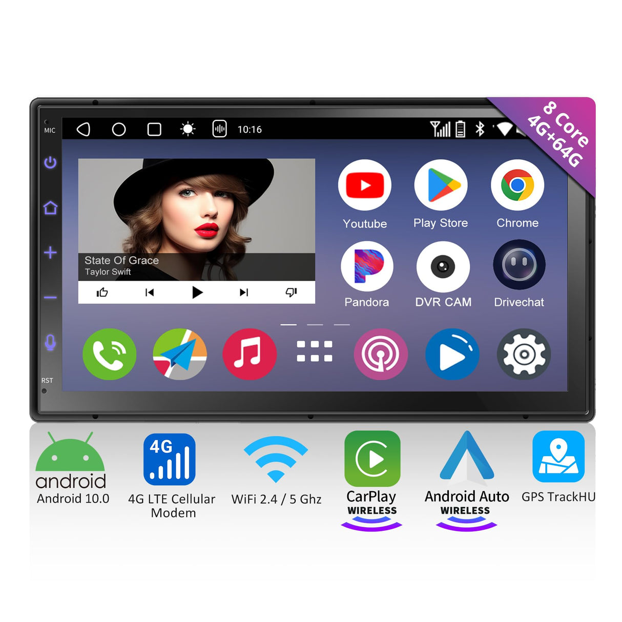 RevcarX Doppel-Din-Radio Android Auto, eingebautes 4G LTE, 4G+64G Wireless Carplay Android Auto, 7 Zoll QLED-Touch-Display DAB-Radio, 2,4/5 GHz WiFi/BT/USB-Tethering, Mirror Link, Dual BT, A6G2B7-PL-A