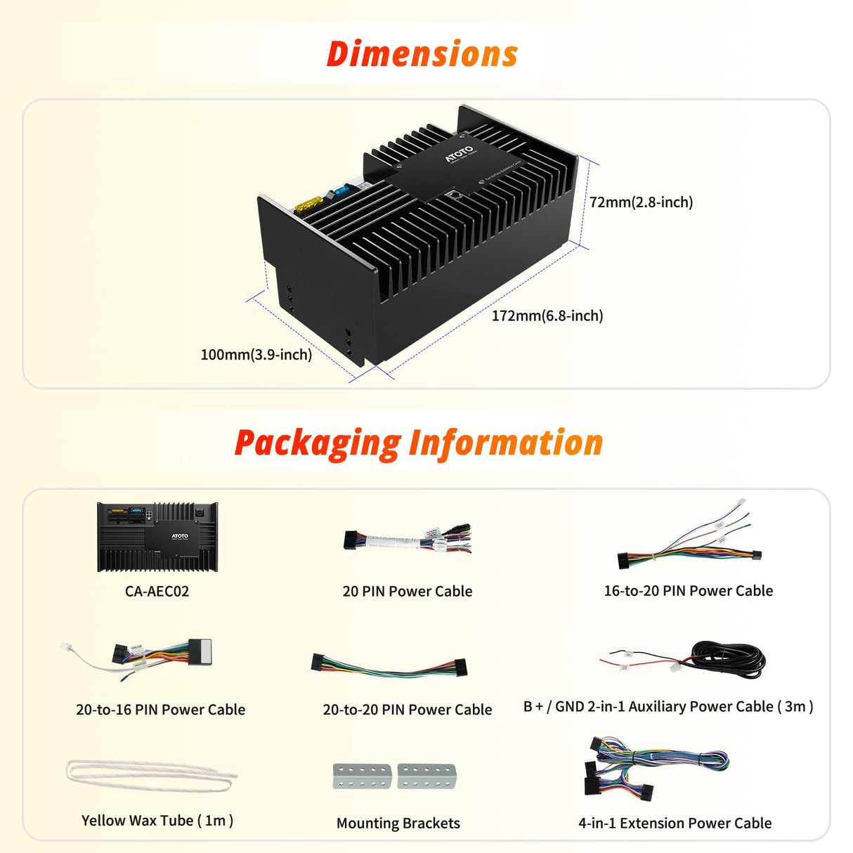 ATOTO Amplificatore Audio per Auto, 4 Ohm, Potenza massima 392 Watt, 4 Canali, Classe A/B, Convertitori Line-Out integrati, Ottima qualità del suono, Perfetto per l'uso in Auto, CA-AEC02