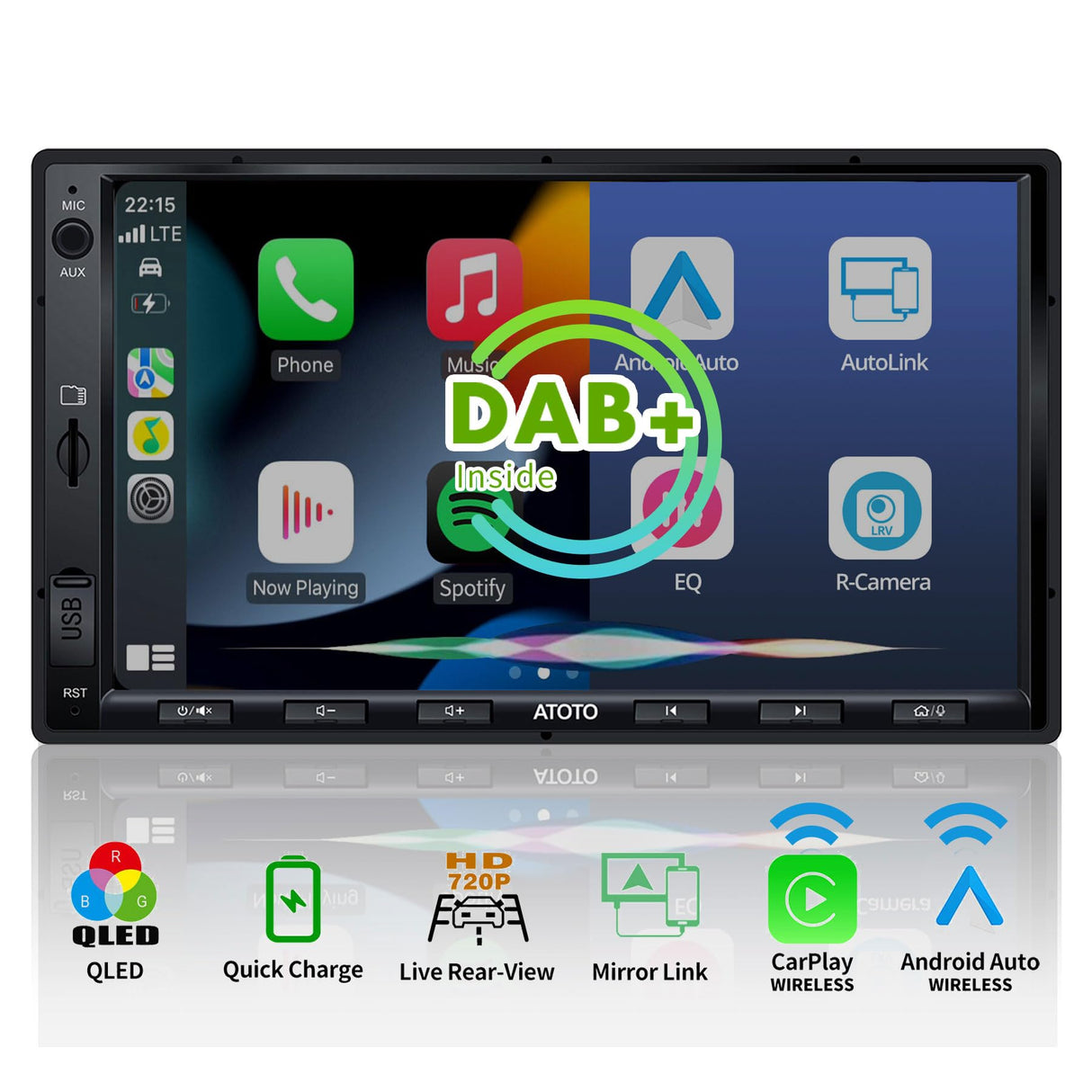 ATOTOEXCEL Double Din Car Stereo, Bulit in DAB+, Wireless CarPlay & Wireless Android Auto, 7 Inch QLED Touch Screen for Car with Quick Charge, Bluetooth, Live Rear View, MirrorLink, F7G2A7-XED-A