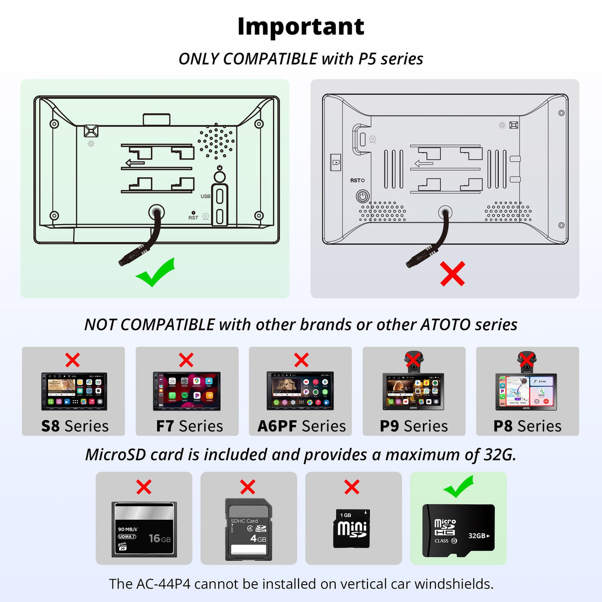 ATOTO AC-44P4 HD 720P Caméra DVR Frontale, Angle de Vision Large de 140°, jusqu'à 128 Go de Stockage, Compatible Uniquement avec Les Séries ATOTO P5 Sélectionnées