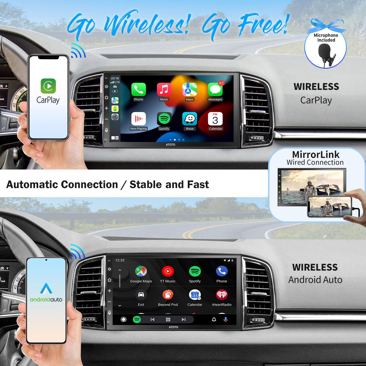 ATOTO F7XE Eingebaute DAB/DAB+ Armaturenbrett-Einbau-Videogeräte, Wireless CarPlay &amp; Kabelloses Android Auto, 7-Zoll-QLED-Touchscreen, Mirror Link, Bluetooth, HD LRV, Schnell-Ladung, F7G2B7XED