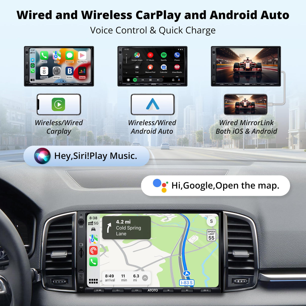 ATOTOEXCEL Double Din Car Stereo, Bulit in DAB+, Wireless CarPlay & Wireless Android Auto, 7 Inch QLED Touch Screen for Car with Quick Charge, Bluetooth, Live Rear View, MirrorLink, F7G2A7-XED-A