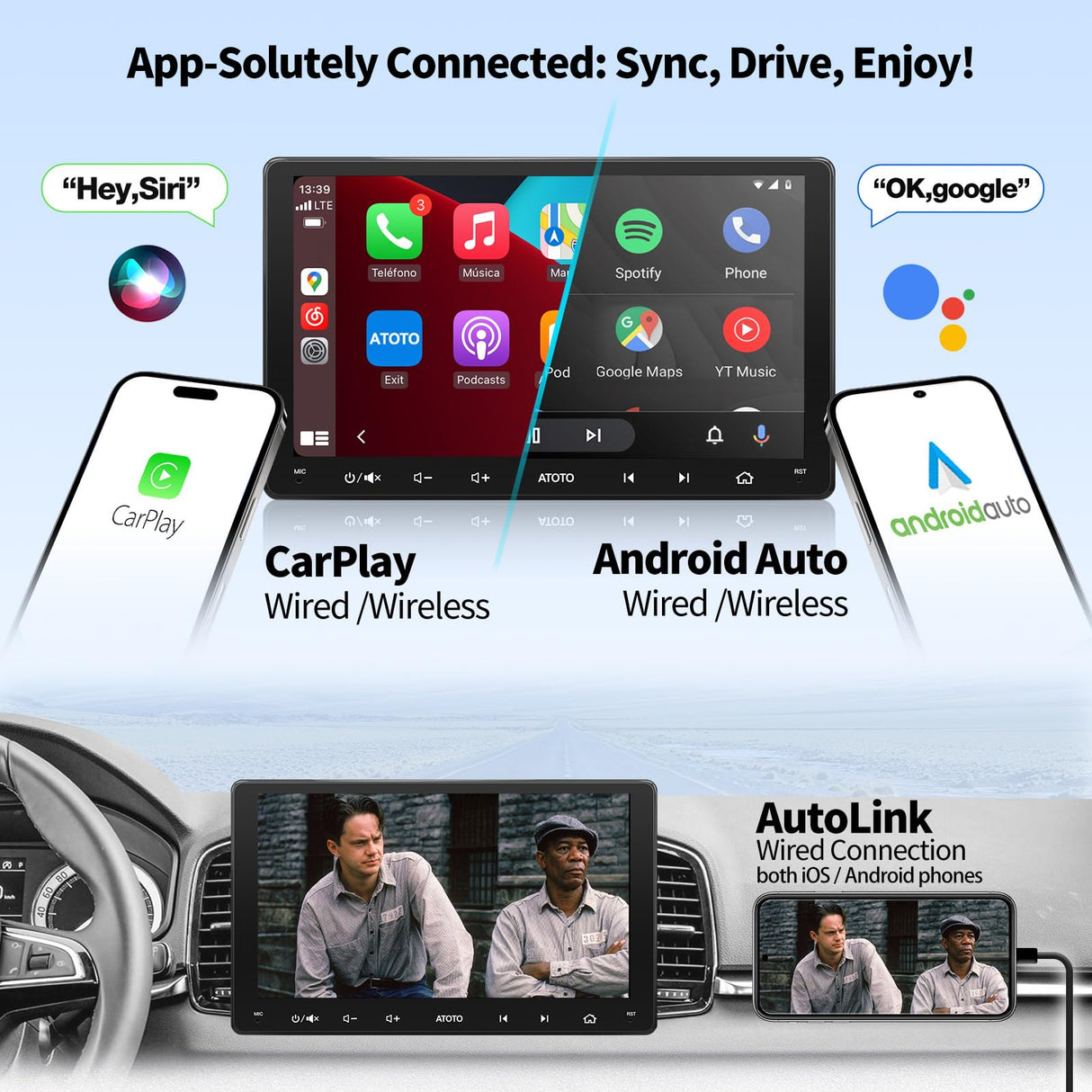 [9 Pollici] ATOTO F7WE Autoradio 2 DIN, CarPlay Wireless e Android Auto Senza fili, Touchscreen Stereo Auto con Bluetooth, MirrorLink, Vista Posteriore in Diretta, FM/AM, Controllo Vocale, F7G209WE