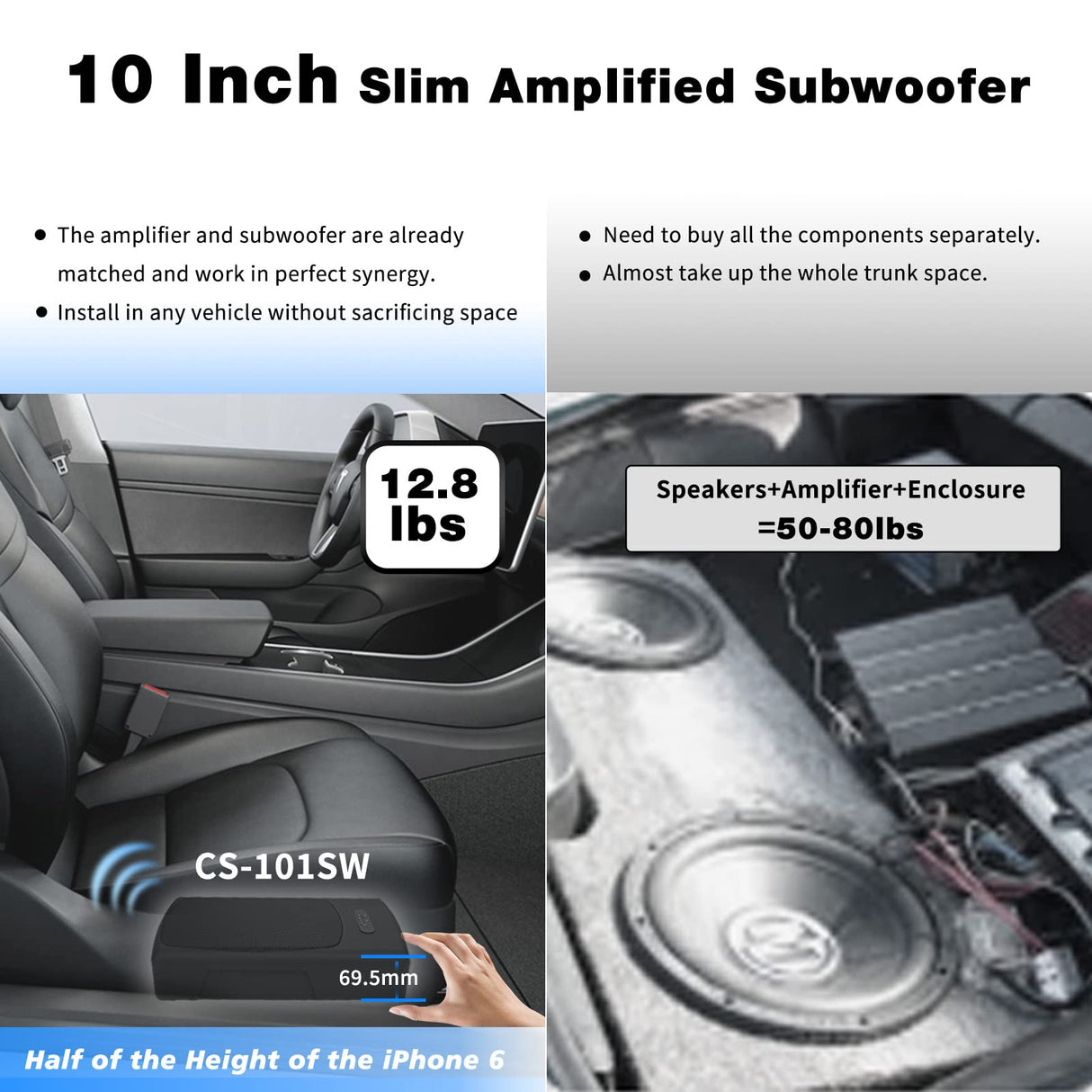 ATOTO CS-101SW 10” Slim Active Powered Car Subwoofer Sub, Under-Seat Amplified Subwoofer Car Audio 400 Watts, Built-in Amplifier Car/Truck Sub with Low & High Level Inputs, Remote Subwoofer Control