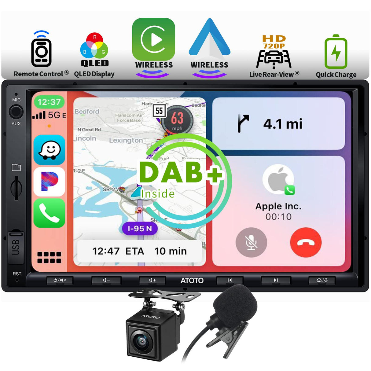 ATOTOEXCEL 7 Pouces Autoradio 2 DIN, Dab+ intégré, CarPlay sans Fil & Android Auto, Écran Tactile QLED Autoradio Bluetooth, Charge Rapide, FM/AM/RDS, Mirror Link, HD Vue arrière en Direct, F7G2A7-XED