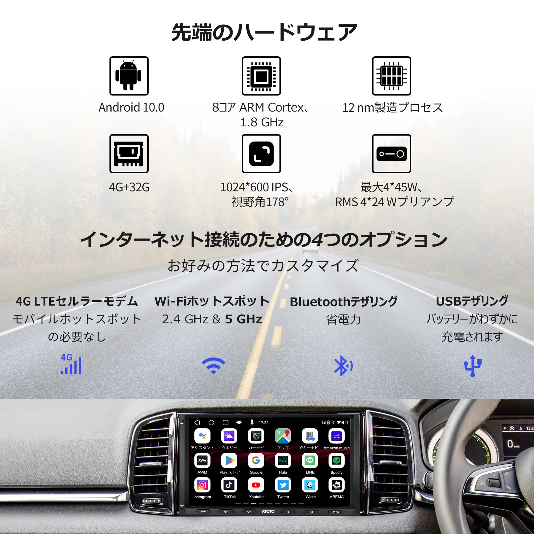 [4G LTE] ATOTOT S8 MS 2 DIN Androidカーナビ、7インチディスプレイオーディオ、ワイヤレスCarPlay &ワイヤレス  Android Auto、4G+32G、WiFi/BT/USB テザリング、デュアルBluetooth、GPS トラッキング、LRV付きHD ...