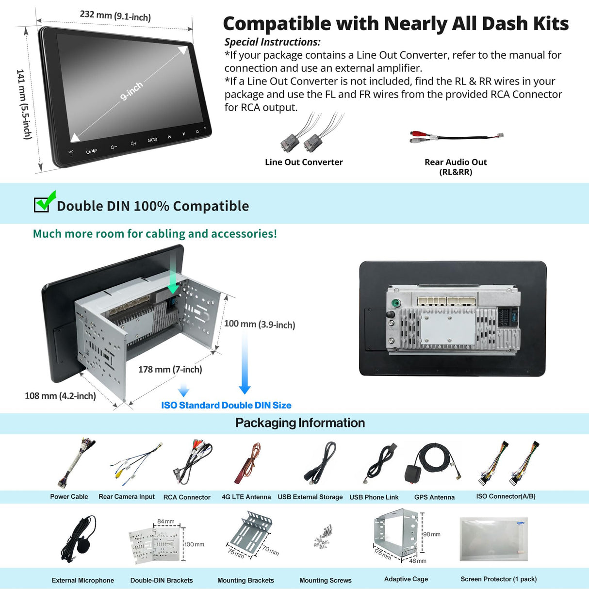 ATOTO S8MS 9" QLED 1280 * 720 Android Doppel Din Armaturenbrett-Einbau-Autoradio, Drahtloses Android Auto &amp; Wireless CarPlay, GPS-Überwachung, 4G+32G, Integriertes 4G LTE, 2 Bluetooth,S8G2094MS