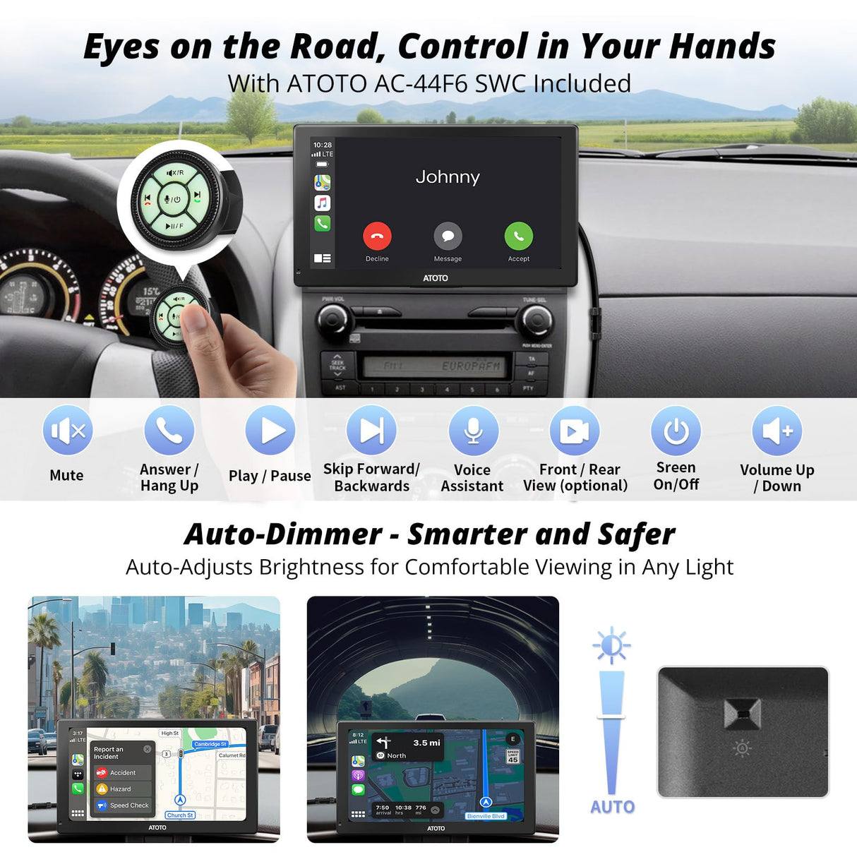 ATOTO P5 Carplay Inalámbrico Portátil Radio Coche,Pantalla táctil QLED de 9" antirreflejos, Android Auto inalámbrico, Bluetooth, MirrorLink, Atenuador automático, Salida AUX/FM, GPS, P509SD