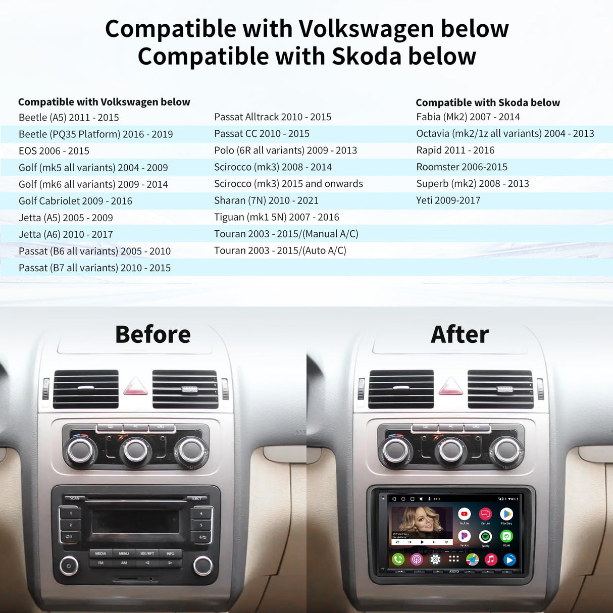 ATOTO A6PF 7 Pulgadas Radio 2 DIN Android Compatible con VW Volkswagen/Golf/Polo/Passat, Carplay inalámbrico y Android Auto inalámbrico, 2 Bluetooth, WiFi/BT/USB Tethering, HD LRV, 2G+32G,A6VW07APF