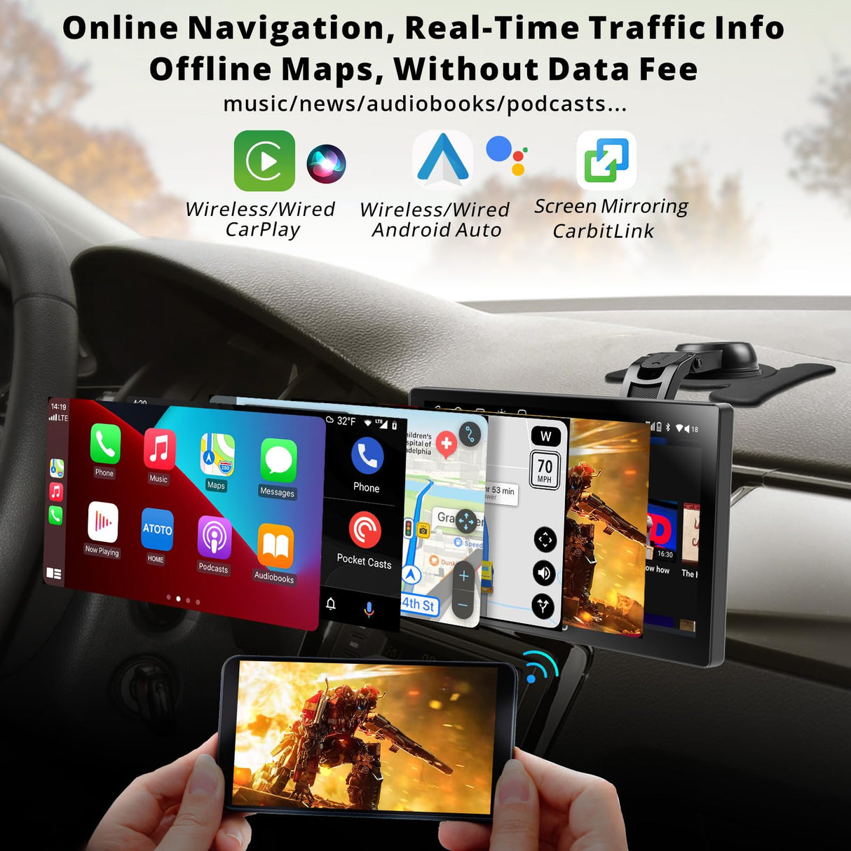 ATOTO 7inch QLED Android Digital Media Receivers, 4G+32G Portable Car Stereo, Wireless CarPlay & Android Auto, 4G LTE, Dual BT, GPS Tracking, HDMI Input, with 1080P Dash & Rear Cam, P907PR-S3