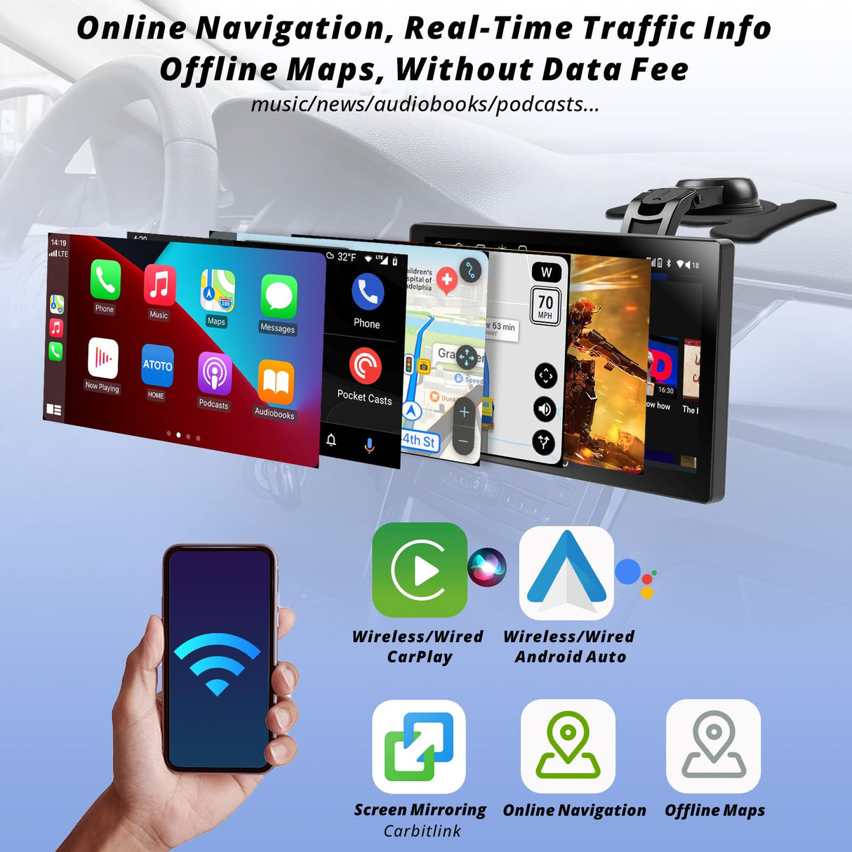 ATOTO P9 9" QLED Android Przenośne Radio Samochodowe, 4G+32G, Bezprzewodowe CarPlay & Android Auto, 4G Modem, Lokalizacja GPS, Automatyczne Przyciemnianie, 1080P Kamera Cofania, Pilot, P909PR-S2