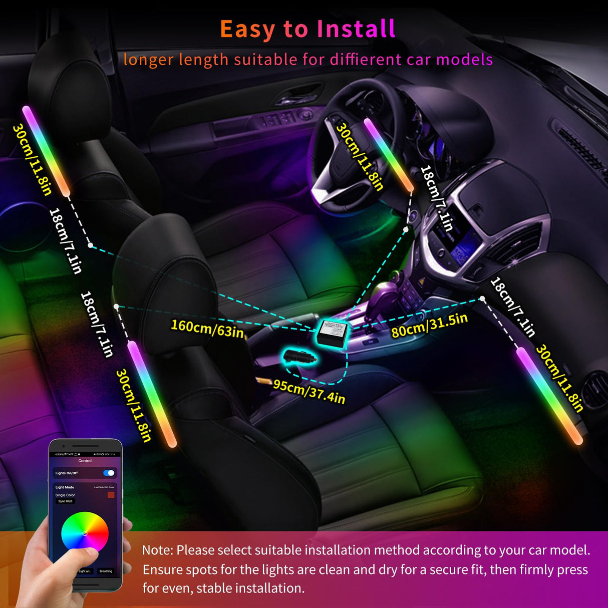 ATOTO Led Auto Interni con APP, 160 LED RGB Striscia Luci Abitacolo auto con 16 Milioni di Colori Commutabili, Modalità Musicali Cambia, Controllo indipendente di anteriore e posteriore, CI-FLT01