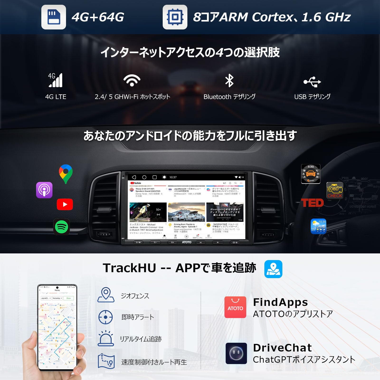 android カーナビ 7インチ、カーオーディオ 2din、ダブルディンカーステレオ Carplay/Android Auto  ワイヤレス、ワイヤレスcarplay4G SIMカード挿入に対応 チHDタッチスクリーン Bluetooth/マイクロフォン、内蔵 4G+64G ...