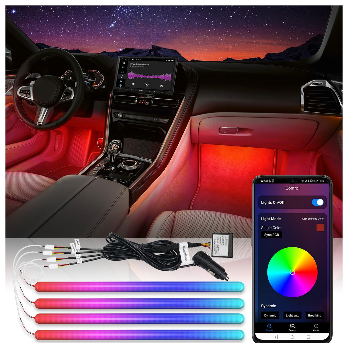 ATOTO LED-autolampen met APP-bediening, 160 LED RGB auto-interieuraccessoires met 16 miljoen kleurschakelingen, Meerdere muziekmodi,onafhankelijke bediening voor en achter, CI-FLT01