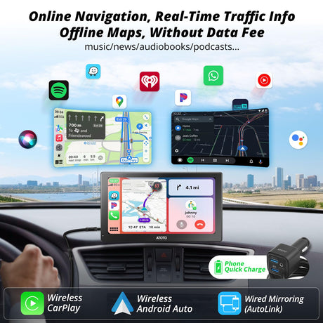 ATOTO P5 9-Zoll QLED CarPlay Display Tragbares Autoradio, Wireless CarPlay&Android Auto, QLED Blendfreies Touchscreen, Bluetooth, MirrorLink,Automatische Dimmfunktion, AUX/FM-Ausgang, GPS Navi, P509SD