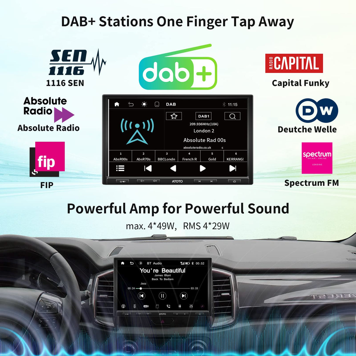 ATOTO F7XE 10 Pouces Construit en Dab+ Autoradio Adaptatif 2 DIN et 1 DIN Écran Tactile QLED HD, CarPlay et Android Auto sans Fil, Bluetooth, LRV HD, MirrorLink, Recharge Rapide, F7G110XED