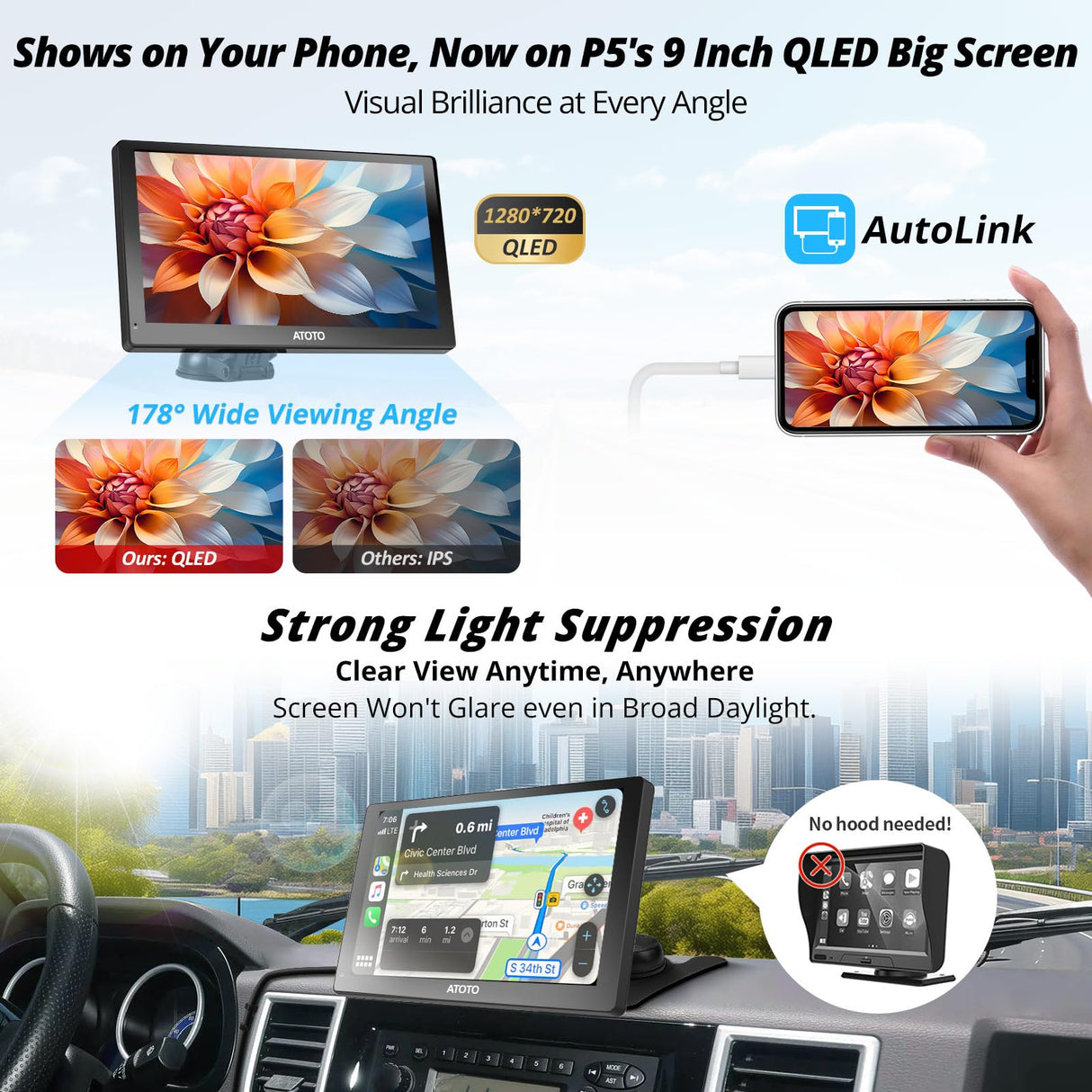 ATOTO P5 9-Zoll QLED CarPlay Display Tragbares Autoradio, Wireless CarPlay&Android Auto, QLED Blendfreies Touchscreen, Bluetooth, MirrorLink,Automatische Dimmfunktion, AUX/FM-Ausgang, GPS Navi, P509SD