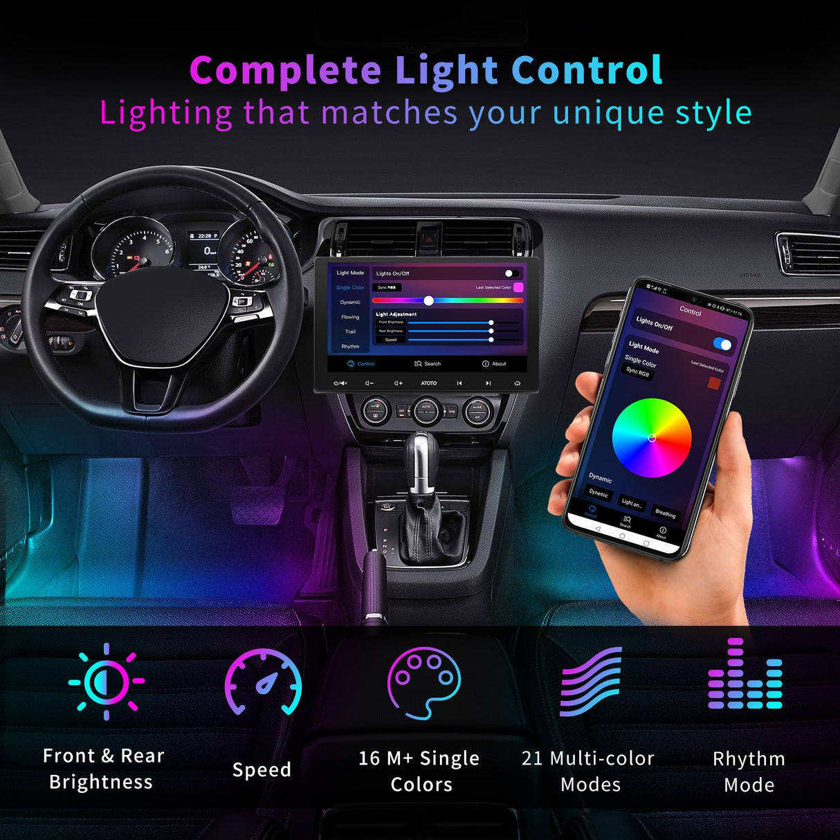 ATOTOLIFE Car LED Footwell Lights, Interior Neon Lights with Wireless APP, 160 LEDs RGB with DIY 21 Color Modes, 6 Music modes, 16M+ Switching-Front and Rear Independent Adjustment