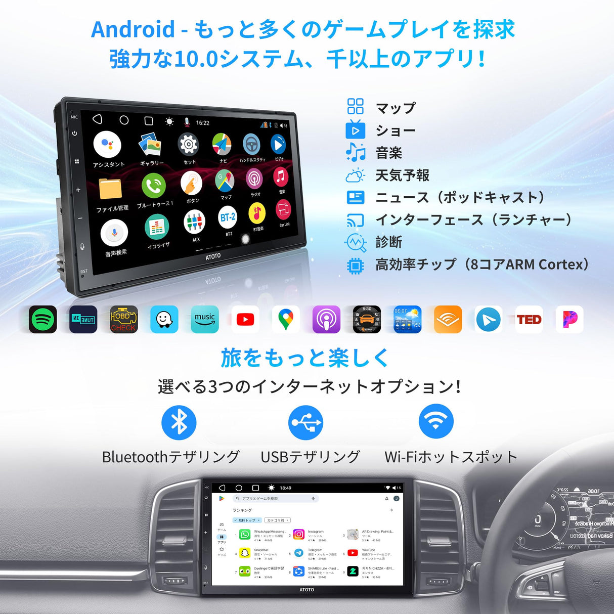 A6PF Android カーナビ 2din オーディオディスプレイ、ワイヤレスCarPlay/Android Autoカーナビ 7インチ、チディスプレイオーディオ2GB+32GB オーディオレシ デュアル Blue-tooth/Wi-Fi、ミラーリンク、タッチスクリーン、1280*720 QLED、GPS トラッキング、HD LRV、アイ A6G2C7PF-新