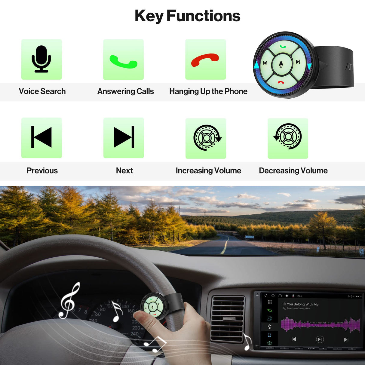 ATOTO AC-44F8 Watchband Style Wireless Remote Control with Luminous Buttons, Key Mapping, for Both ATOTO Car Stereos and Other Brands, Substitute for Steering Wheel Controls