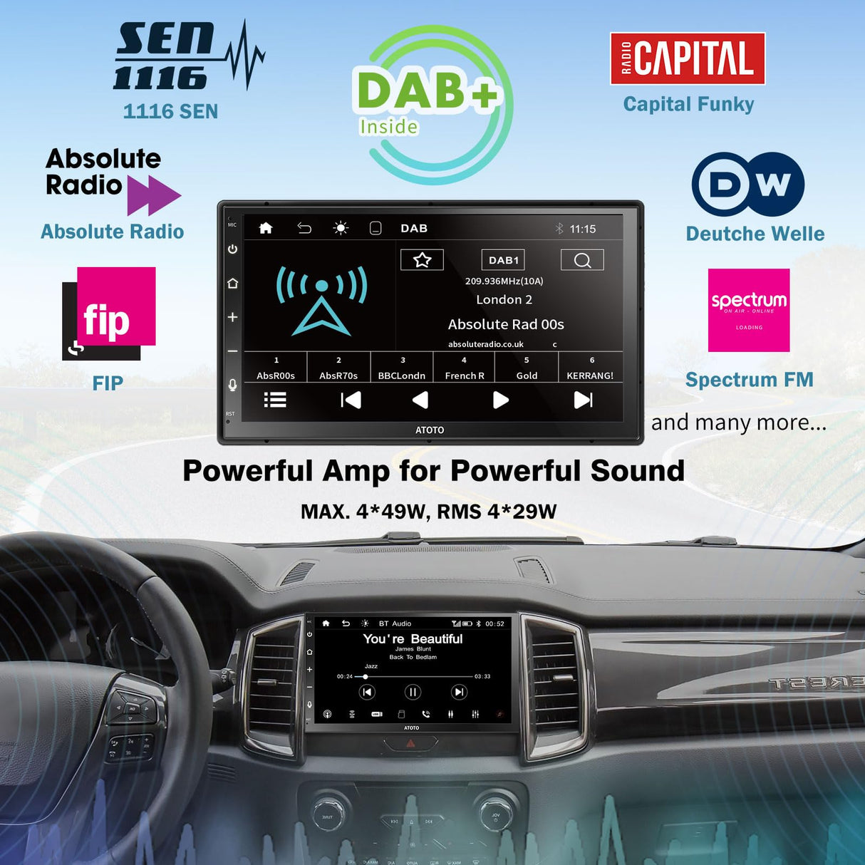 ATOTO F7XE Eingebaute DAB/DAB+ Armaturenbrett-Einbau-Videogeräte, Wireless CarPlay &amp; Kabelloses Android Auto, 7-Zoll-QLED-Touchscreen, Mirror Link, Bluetooth, HD LRV, Schnell-Ladung, F7G2B7XED