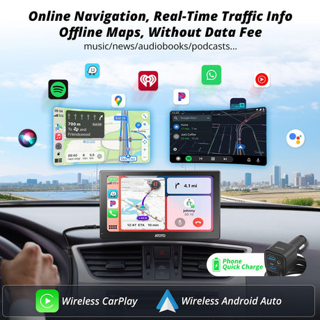 ATOTO P5 9inch QLED Wireless CarPlay Android Auto Screen with 1080P Backup Camera, Portable Car Stereo Glare-Suppressing, Bluetooth, MirrorLink, GPS Navi,AUX/FM Output, Remote Control, P509SD-S21