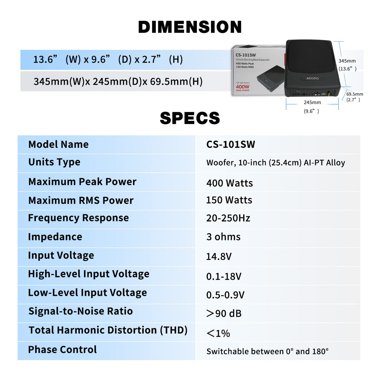 ATOTO CS-101SW 10" aktiv subwoofer, integrerad förstärkare, 400 Watt Max, låg och hög nivå, fjärrstyrning av subwoofer