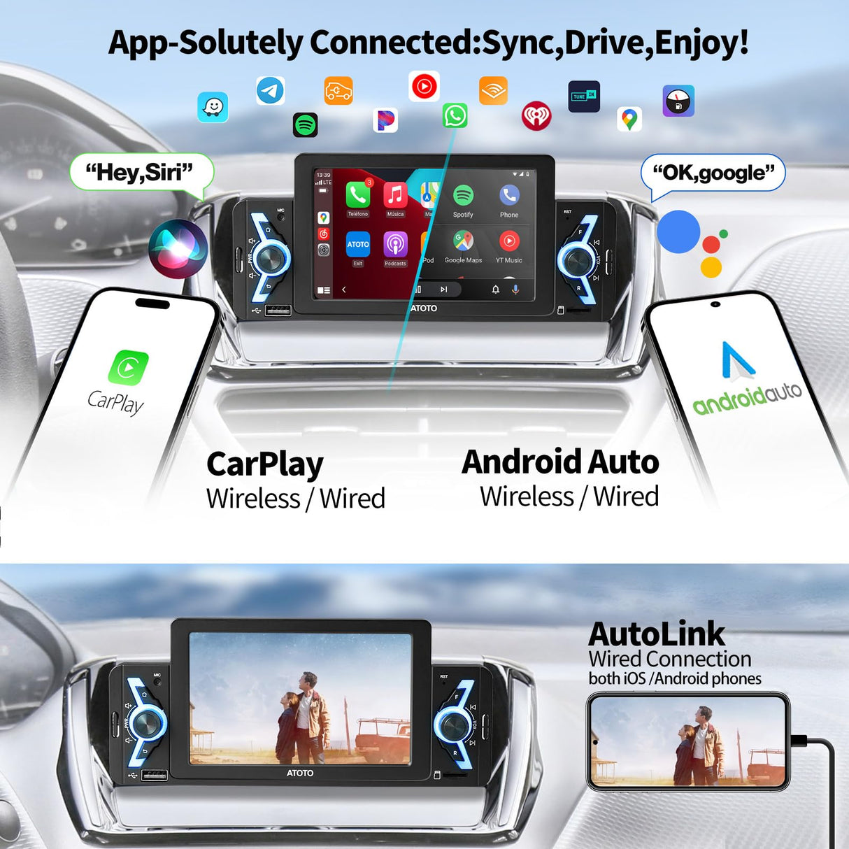 ATOTO F7WE Radio 1 DIN 5 Pulgadas, CarPlay inalámbrico y Android Auto inalámbrico, Pantalla táctil Radio Coche con Bluetooth 5.3, MirrorLink, RDS/FM/Am, Control por Voz, LRV HD, F7G1A5WE