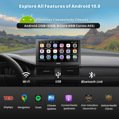 ATOTO P9 9Inch QLED Portable Car Stereo, 2+32GB Wireless CarPlay & Android Auto, Wi-Fi Hotspot, USB, Dual Bluetooth, GPS Tracking, HDMI Input, 4 Audio Outputs, SWC, and Auto-Dimming, P909SD