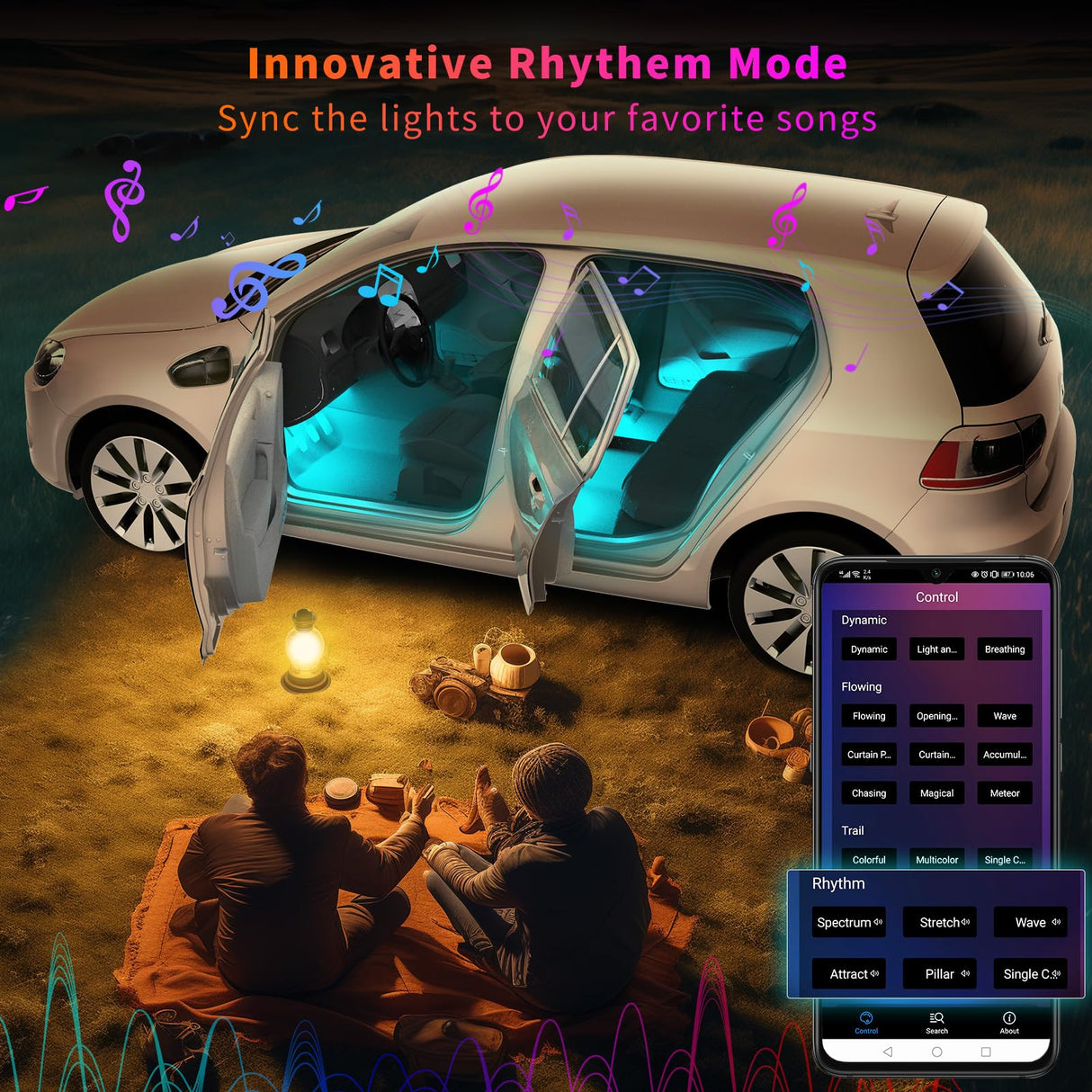 ATOTO Éclairage Intérieur de Voiture Contrôle APP, 160 LEDs RGB Decoration Voiture avec 16 Millions de Couleurs Changeantes et Modes Musicaux DIY, Contrôle Indépendant Avant et Arrière, CI-FLT01