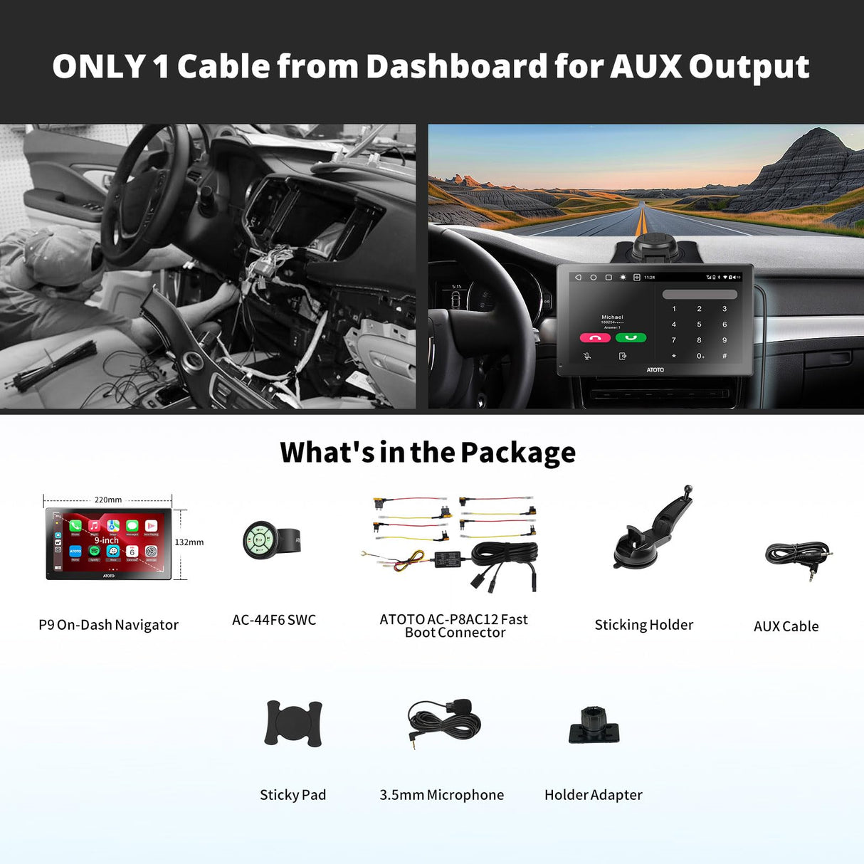 ATOTO P9 9 Inch QLED Draagbaar Auto Stereo, 2+32GB Draadloze CarPlay & Android Auto, Wi-Fi Hotspot, USB, Dual Bluetooth, HDMI-ingang, 4 Audiouitgangen, SWC, En Automatisch Dimmend, P909SD