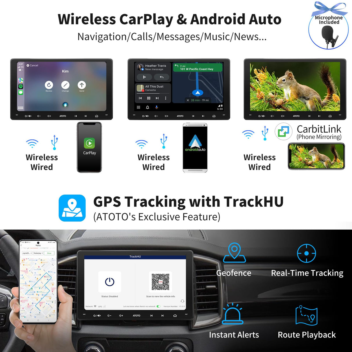 ATOTOLIFE S8 Double Din Car Stereo, Android Auto & Wireless CarPlay with 1280 * 720 QLED Touchscreen, 5.0 Dual Bluetooth, GPS Tracking, 4+32G, LRV, SCVC and 5G WiFi