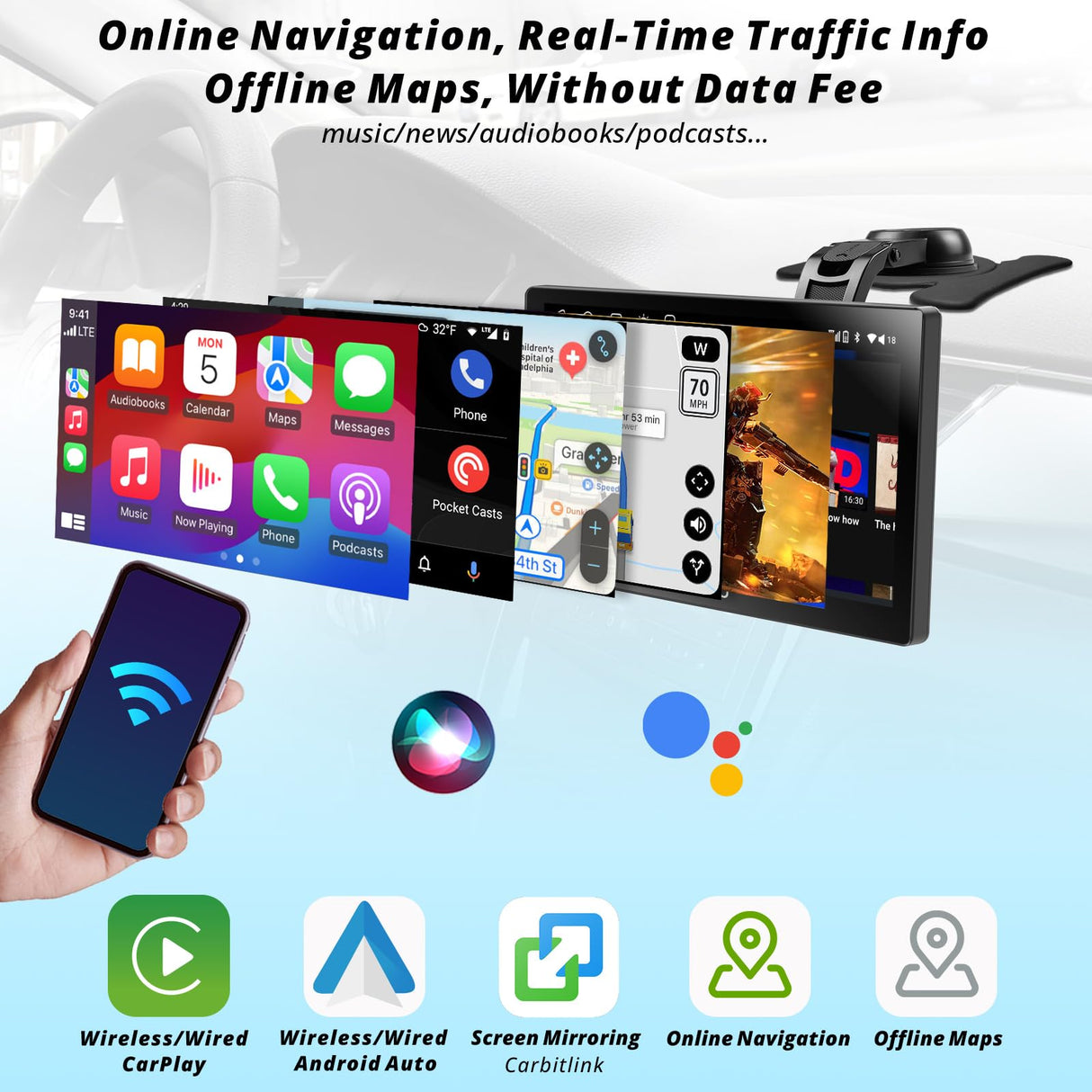 ATOTO P9 7 Zoll QLED tragbares Android-Autoradio, 2+32 GB kabelloses CarPlay &amp; Android Auto, Mirror Link, GPS-Tracking, Dual-Bluetooth, WLAN, USB, Bluetooth, HDMI-Anschluss und automatische Dimmfunktion, P907SD