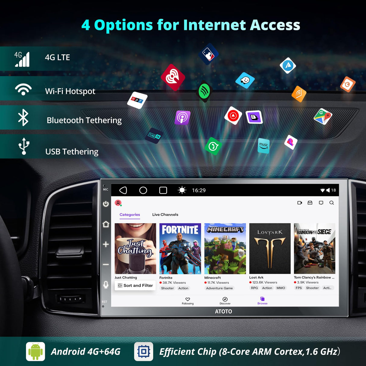 [4G LTE WiFi] ATOTOZONE A6 7" 4G+64G Android Autoradio 2 Din Récepteurs multimédia, Écran Tactile QLED, CarPlay sans Fil, Android Auto sans Fil, Dual Bluetooth, MirrorLink, A6G2B7PL