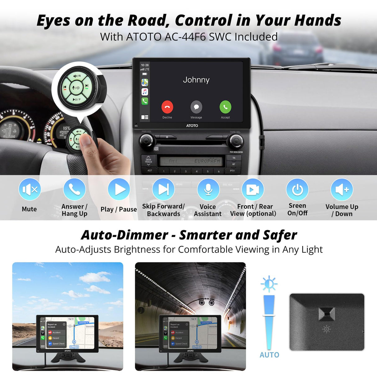 ATOTO P5 Portable Wireless CarPlay Android Auto, 7inch Car Stereo Receivers QLED Touch Screen Glare-Suppressing, Bluetooth, AUX/FM Output, MirrorLink, GPS Navi, Steering Wheel Control, P507SD-S01