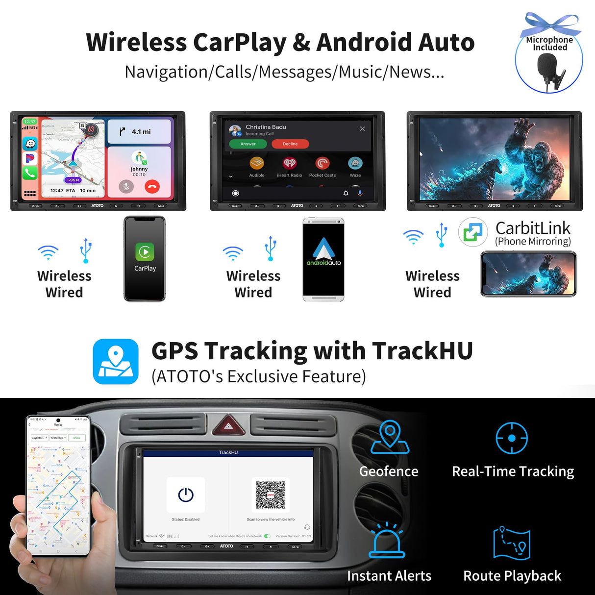 ATOTO S8VW07A4MS 7Pollici Android Autoradio 2 DIN Compatibile con VW Volkswagen/Golf/Polo/Tiguan, Carplay senza fili e Android Auto,Tracciamento GPS, 2 Bluetooth, 4G integrato,4G+32G, per Globale