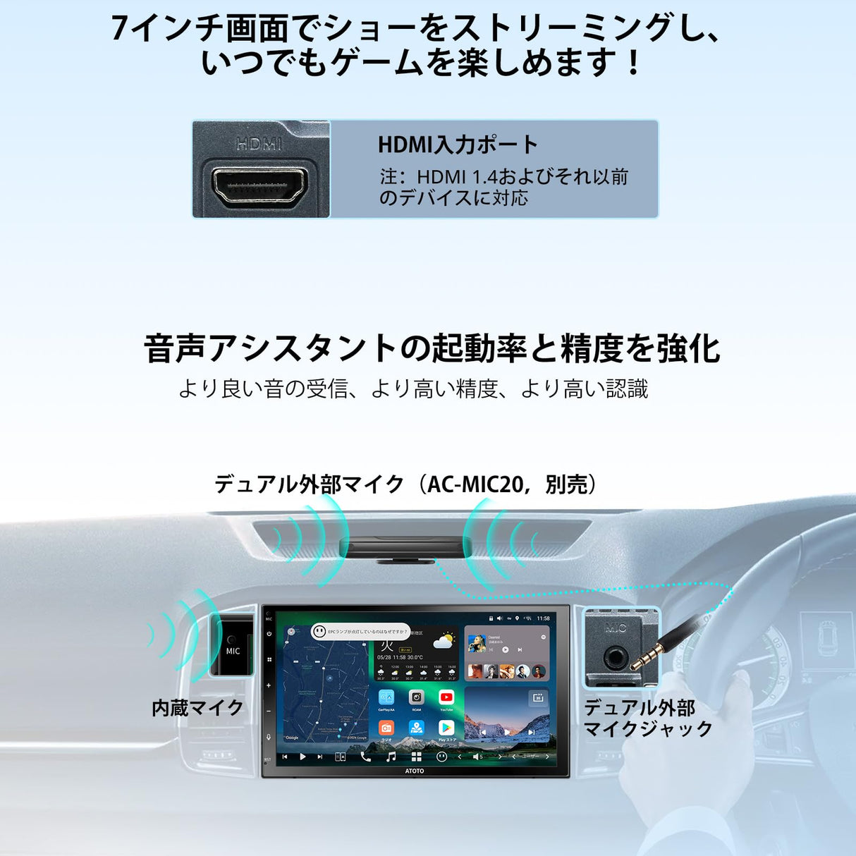 [最新] ATOTOZONE X10G2B7E 7インチAndroidカーナビ、ChatGPT AIに話しかける、8G + 128G ダブルDIN カーステレオ、4G LTE、ワイヤレスCarPlay＆Android Auto、デュアル電話接続＆2 Bluetooth、4ch全帯域、デュアルchサブウーファー出力、2ミッド、2ツイーター、36B-EQ、録画機能付きデュアルカメラ入力